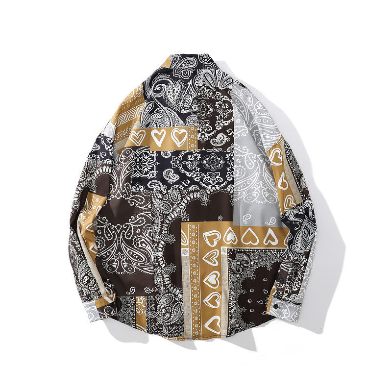 Man Fall Outfits Hip Hop Retro Paisley Color Matching Long Sleeve Shirt Men's Loose Hiphop Casual Flower Shirt Fashion