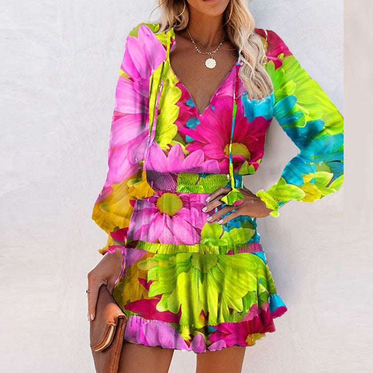 Coachella Music Festival Outfits Autumn Color Print Street Fashion V-neck Dress