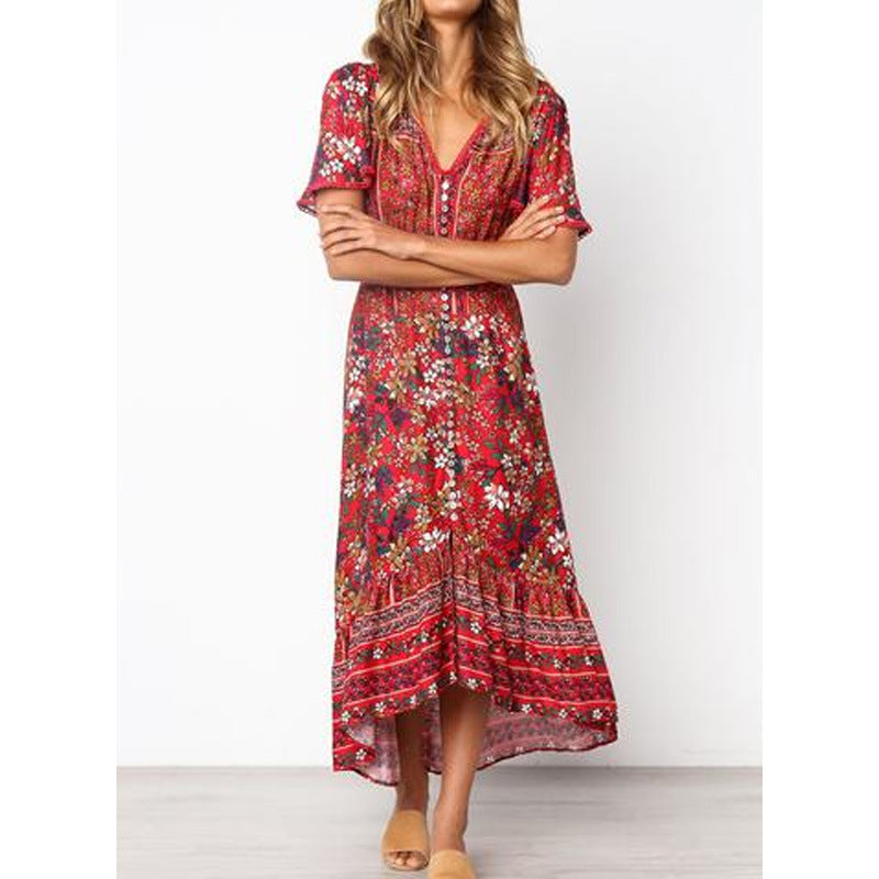 Gypsy Style Dresses plus Size Floral V-neck Bohemian Maxi Dress Irregular