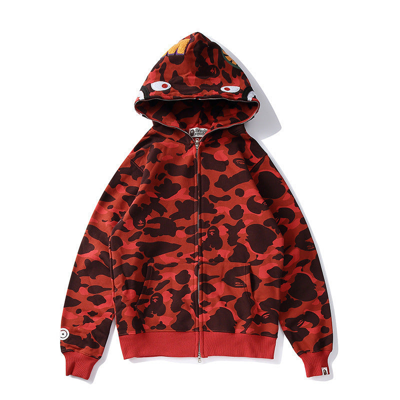 Bathing Ape Autumn and Winter Men's and Women's Pure Cotton Shark Head 3D Camouflage Printing Brushed Hoody Hoodie