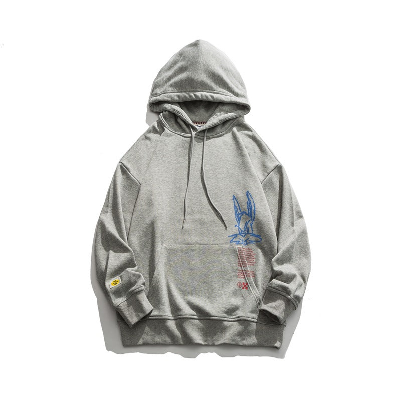 Man Fall Outfis Simple Cartoon Printed Casual Hooded Sweater Loose Pullover