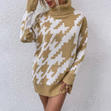 Women Pullover Knit Sweater Women's Autumn and Winter Contrast Color Lapel Mid-Length Sweater
