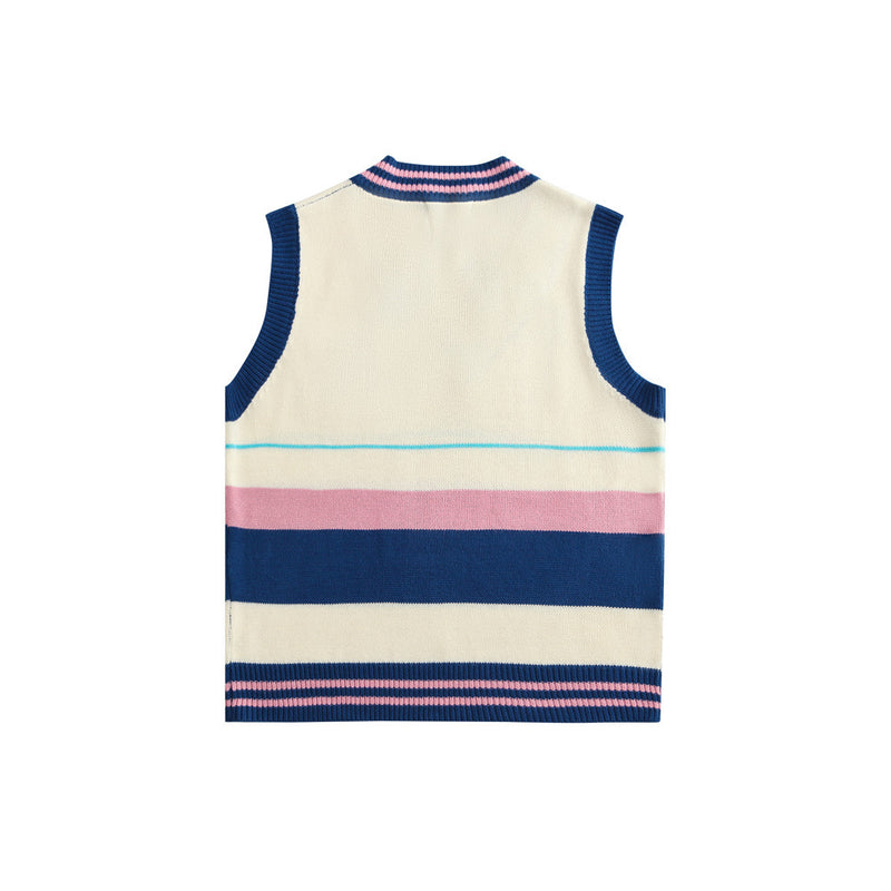 Men Sweater Contrast Color Striped V-neck Sweater Vest Men's Sweater Coat