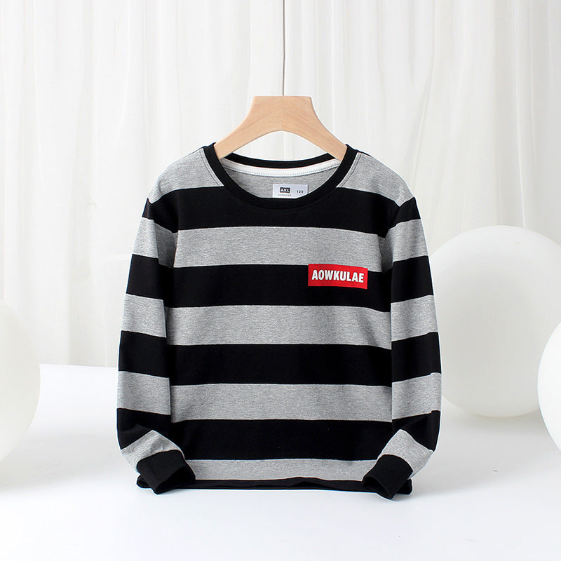 Children Long Sleeve Shirts Spring and Autumn Long-Sleeve T-shirt Middle and Big Children round Neck Stripes