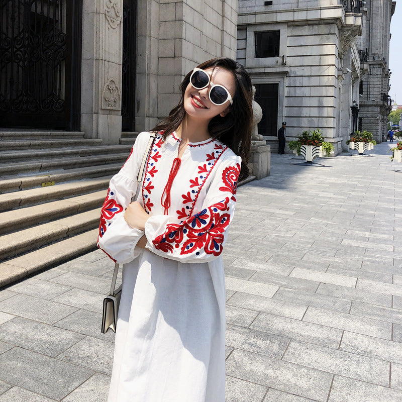 Coachella Music Festival Outfits Retro Lantern Sleeve Cotton and Linen Embroidered Dress Long Skirt