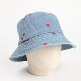 Denim Bucket Hat Fishing Cap Cotton Print Fisherman Hat Red Love Heart Embroidery Vintage Fashion