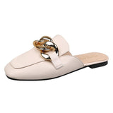 Finn Chain Pointed Toe Mule Closed Toe Half Slippers Women's Summer Outdoor Casual Square Toe Flat Bottom Lazy Half Slippers