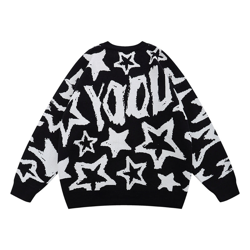 Men Sweater Letter Jacquard Sweater Men's Loose round Neck Sweater Trendy Brand Pullover