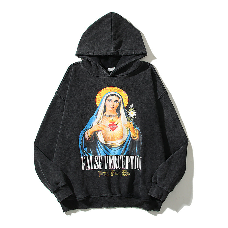 Kanye West Sunday Service Hoodie Virgin Heart Printing Cut And Destroyed Old Retro Hooded Sweater