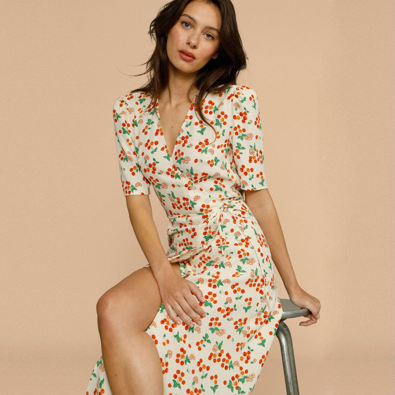 Gloria Vanderbilt Printed Button Slim Dress Short Sleeve V-neck Tea Dress