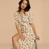 Gloria Vanderbilt Printed Button Slim Dress Short Sleeve V-neck Tea Dress