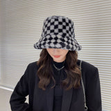 Vintage Check Bucket Hat Lamb Wool Bucket Hat