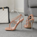 Hot Pink Heels Square Toe Lock Head Chain Crystal Heel High Heel Sandals for Women