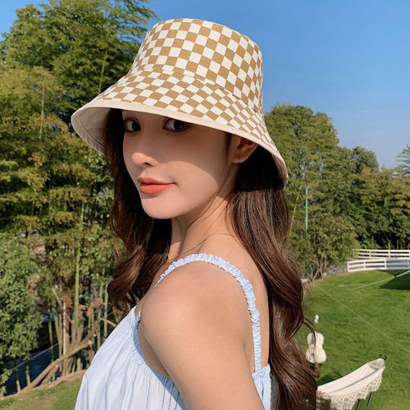 Vintage Check Bucket Hat Sun-Proof Sunshade Checkerboard Grid Bucket Hat