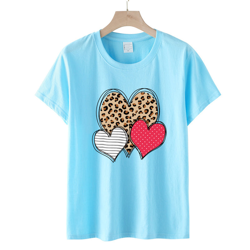 Valentine's Day T Shirts Couples Leopard Print Heart Printing Women's Pullover Short Sleeve T-shirt