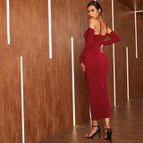 Long Sleeve Burgundy Dress Formal Dress Slim-Fit Dinner Party Dress Autumn and Winter