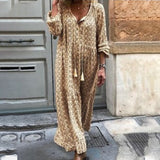 Gypsy Style Dresses Casual Printed V-neck Lace-up Long Sleeve