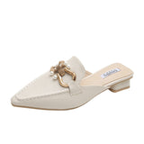 Finn Chain Pointed Toe Mule Beige Square Toe Muller Shoes Closed Toe Half Slippers Women's Shoes Thick Heel Outer Mary Jane Sandals
