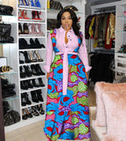 Romany Gypsy Outfits Digital Printed Large Swing Skirt with Belt Dress