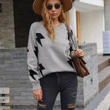 Women Pullover Knit Sweater Lightning Print Pullover Sweater Autumn and Winter Fashion Shoulder-Baring Sweater