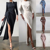 MIDI Mauve Cocktail Dress Women's Autumn and Winter Long Sleeve Split Dress Waist Dress