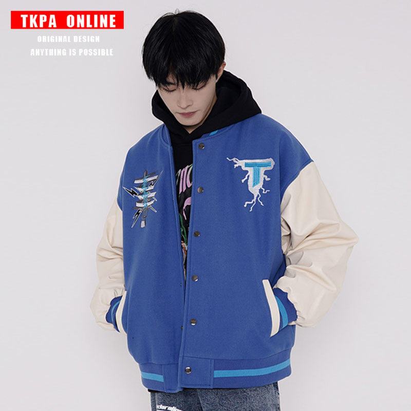 Man Fall Outfits Vintage Cartoon Embroidered Color Matching PU Leather Sleeve Baseball Uniform Jacket Coat