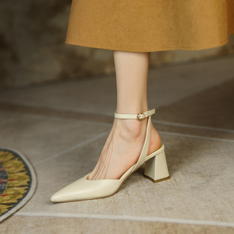 Nude Low Block Heel Chic Buckle Toe Cap Pointed Toe