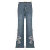 Julia Fox Low Rise Jeans Hollow Embroidered Flowers Burrs Slimming Bootcut Trousers