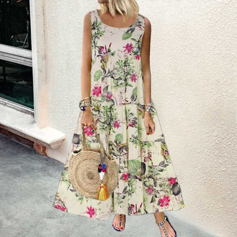 Gypsy Style Dresses Fresh Printed Pastoral Style round Neck Sleeveless Stitching