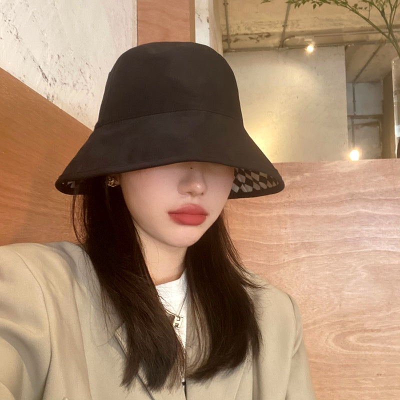 Women Bucket Hat Double-Sided Fisherman Checkerboard Black Sun-Proof