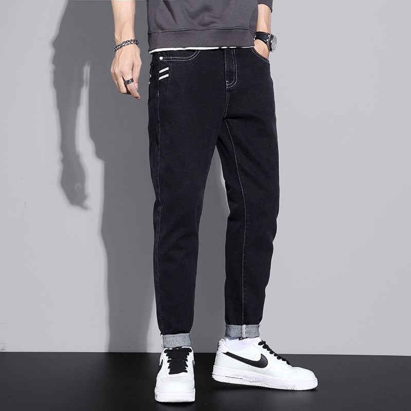 Cuffed Cargo Pants Men's Jeans Trendy Slim Casual Simple Elastic Straight
