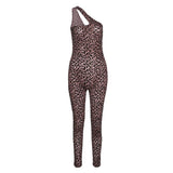 Summer Women's Sexy Mesh Flocking Leopard Print One-Shoulder High Waist Tight Sports Jumpsuit