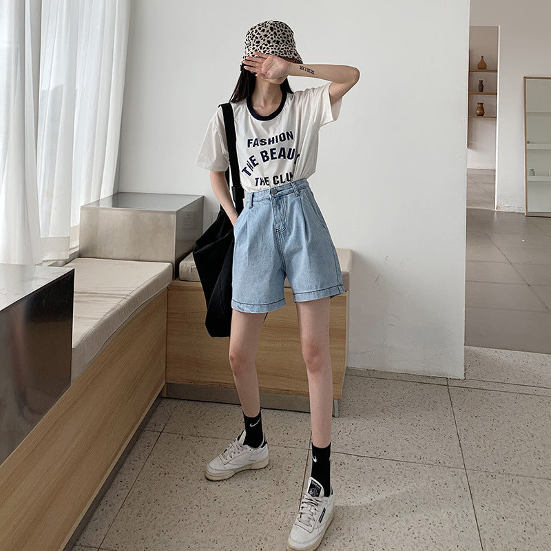 High Waisted Shorts Women's High Waist Denim Shorts Summer Wide-Leg Pants Straight Shorts