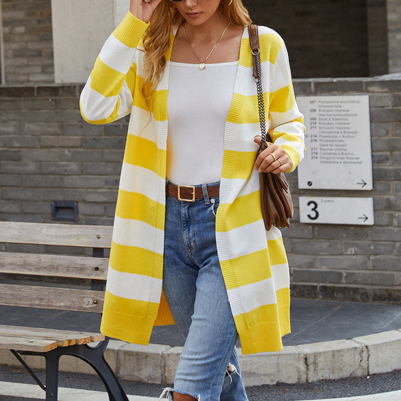 Women's Cardigan Knit Sweater Autumn Sweater Long Contrast Color Striped Cardigan Sweater for Women