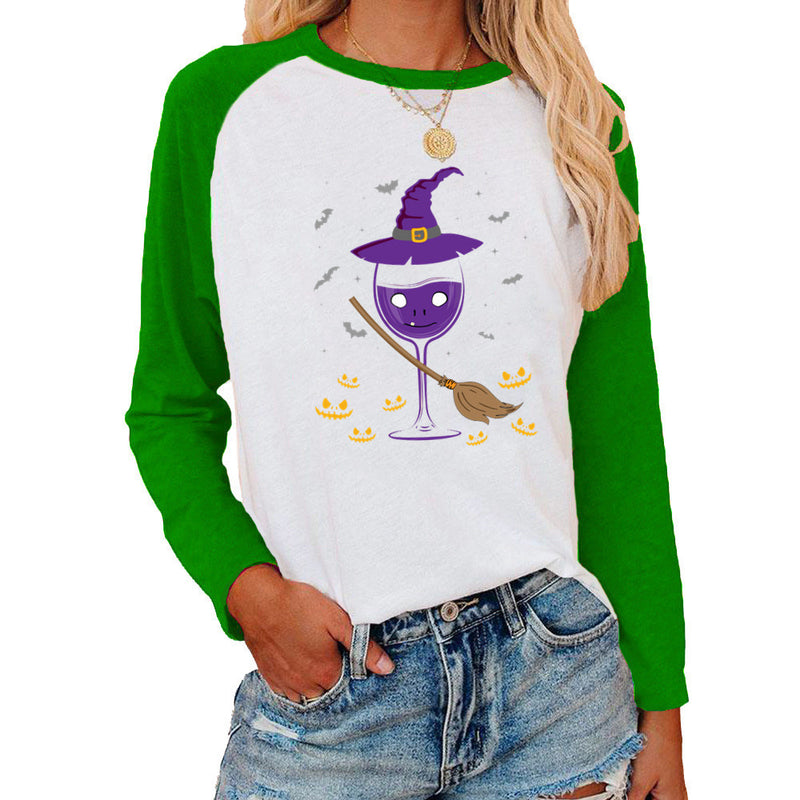 Halloween Costumes Pattern Printed Raglan Color Contrast Long Sleeve T-shirt Women