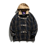 Man Fall Outfis Autumn Loose Hooded Plaid Mid-Length Trench Coat for Boys College Style Casual Coat