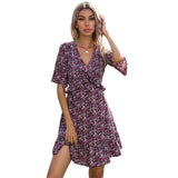 Coachella Music Festival Outfits Summer Floral Print Short Sleeve Backless Ruffle Dress for Women