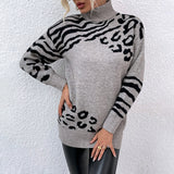 Women Pullover Knit Sweater Women's Clothing Autumn and Winter Turtleneck Leopard-Print Sweater Female Dress Sweater