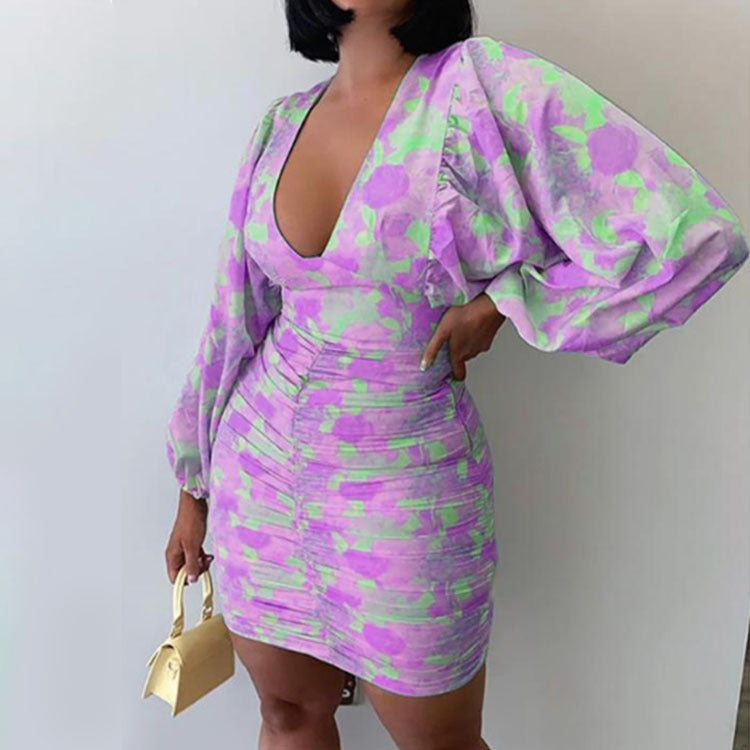 MIDI Mauve Cocktail Dress Autumn Puff Sleeve V-neck Elegant Slim Print Dress