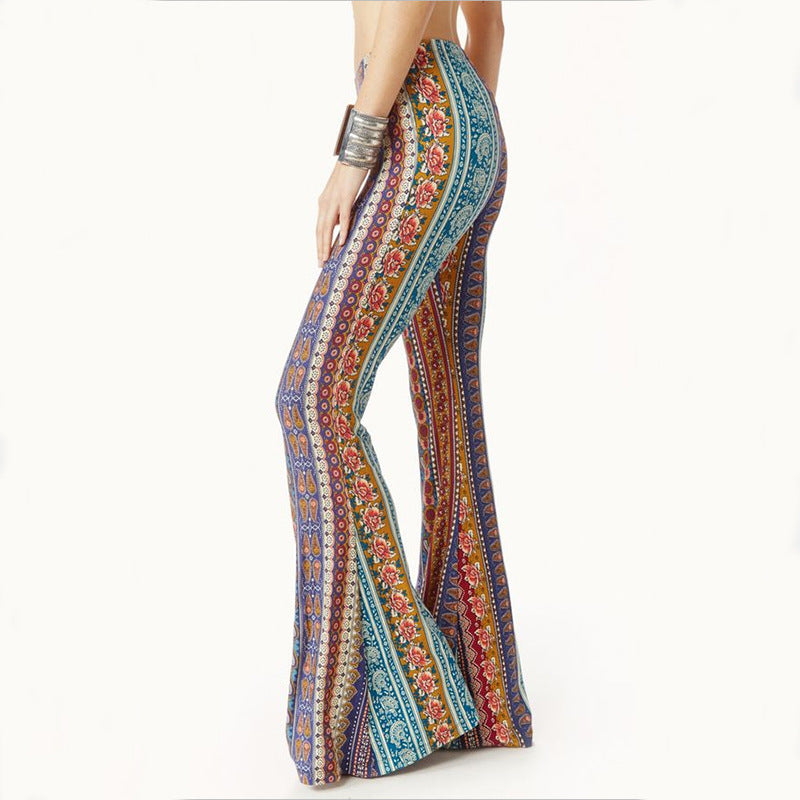 Coachella Music Festival Outfits Women's Spring Clothing Skinny Sheath Bell-Bottom Pants Vintage Printed Trousers