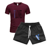 Vlone T Shirts & Shorts 2 Piece Set Men'S Short Sleeve Sports Beach Shorts Round Neck T-Shirt