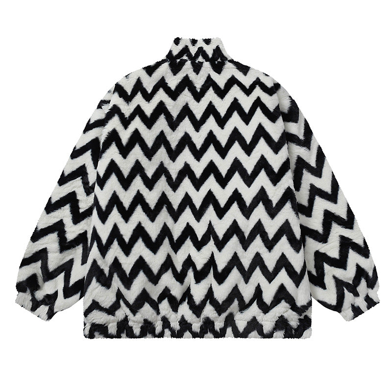 Cardigan Baseball Jacket Corrugated Imitation Rabbit Fur Loose Stand Collar Coat