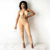 Summer women's sexy backless halter solid color high waist tight casual sports jumpsuit