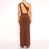 Kendall Jenner Wedding Guest Dress Solid Color Slant Shoulder Hollow Pleated Sexy Slit