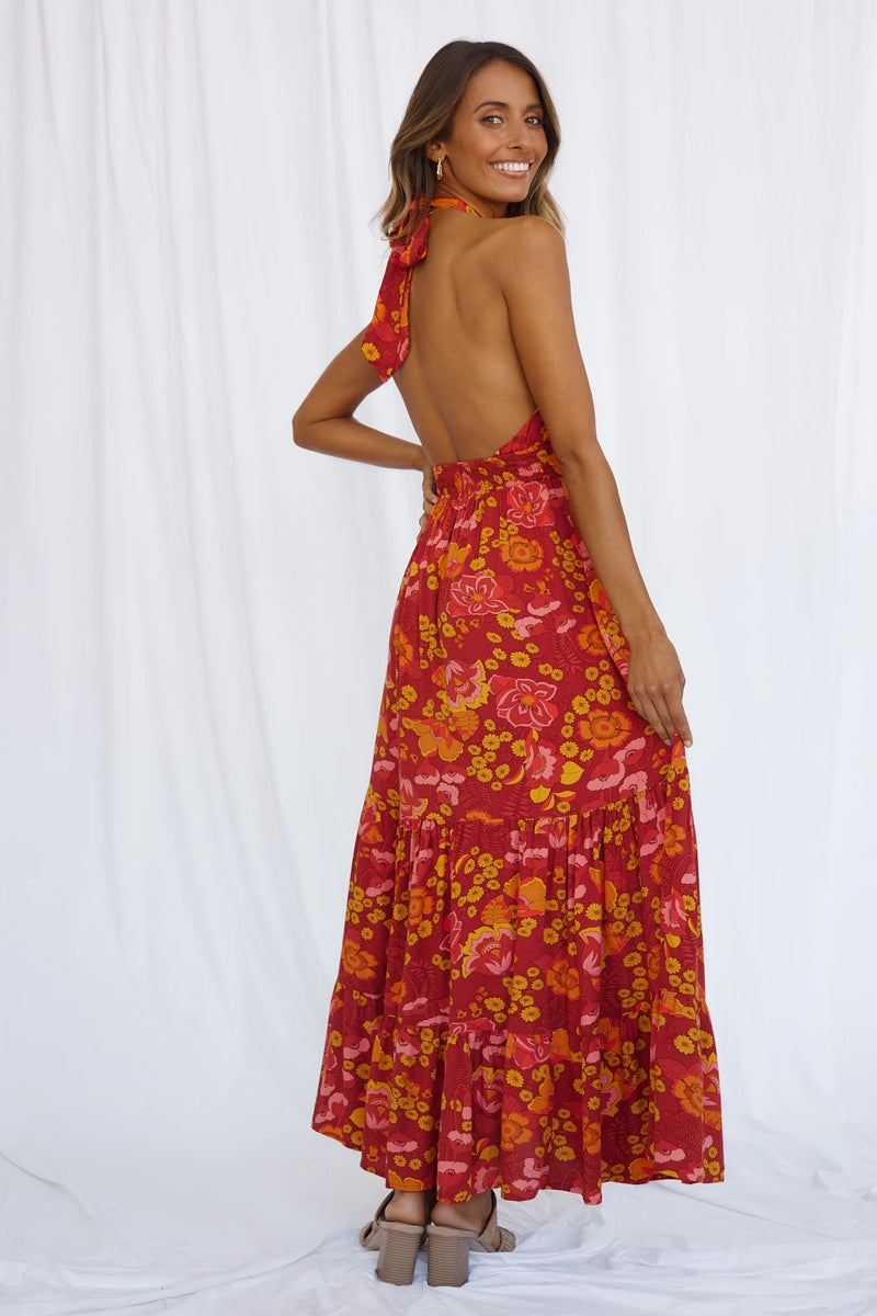 Nine Britton Dress Sexy Lace-up Halter Split Print Holiday