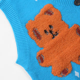 Men Sweater Cartoon Bear Embroidery Knitted Cardigan Vest Men's Outer Vest