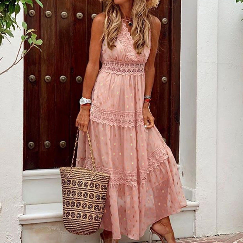Kendall Jenner Wedding Guest Dress Chiffon Summer Solid Color Stitching Lace V-neck Sleeveless