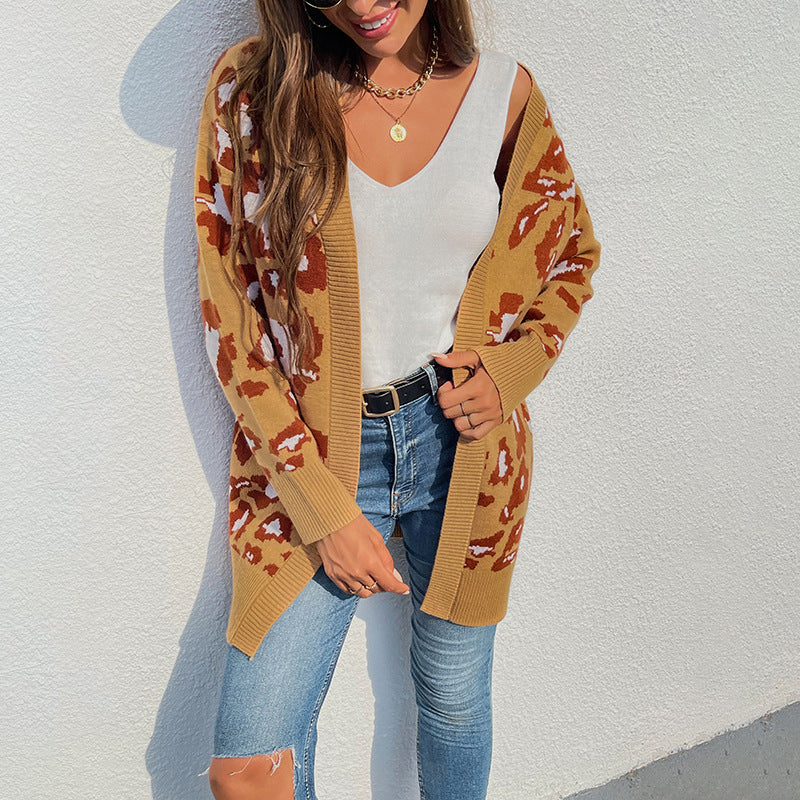 Women's Cardigan Knit Sweater Women's Autumn Winter Sweater Leopard-Print Sweater Cardigan