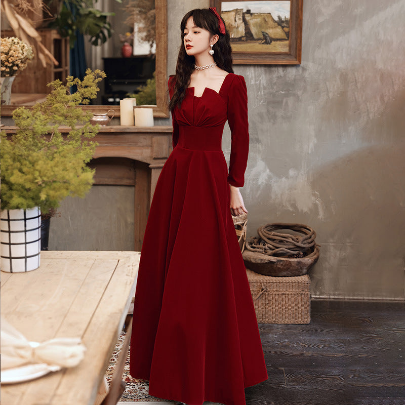 Long Sleeve Burgundy Dress Formal Burgundy Autumn Long Sleeve Square-Neck A- line Skirt