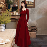 Long Sleeve Burgundy Dress Formal Burgundy Autumn Long Sleeve Square-Neck A- line Skirt